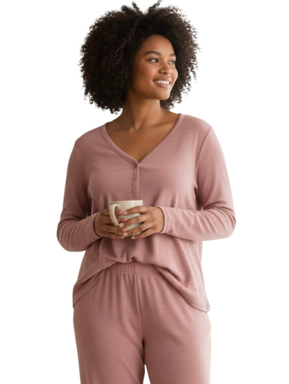 Athleta Womens Mauve Pink Waffle Knit Modal Blend Wind Down Sleep Henley Top XL